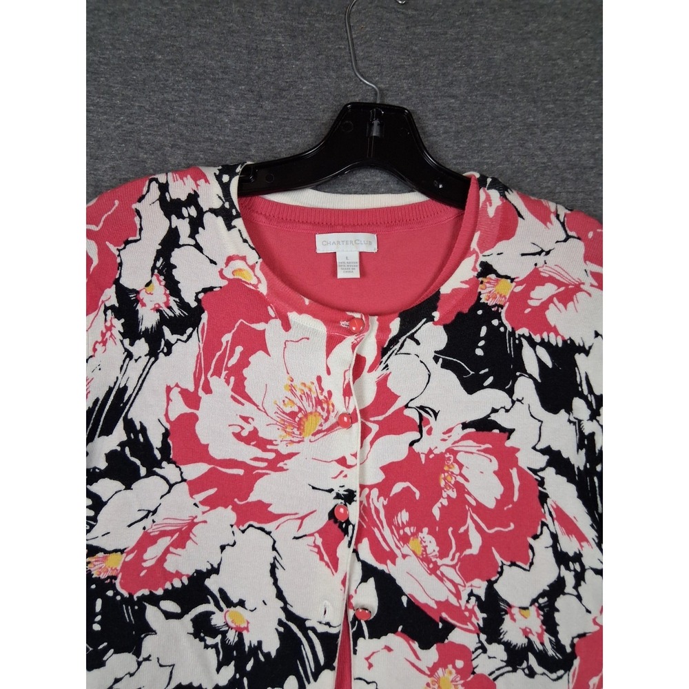 Charter Club Womens Sweater L Pink Floral Cardigan Layered Botanical Garden Chic
